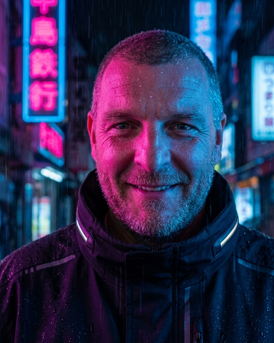 Cyberpunk neon - AI portrét Ján Mika